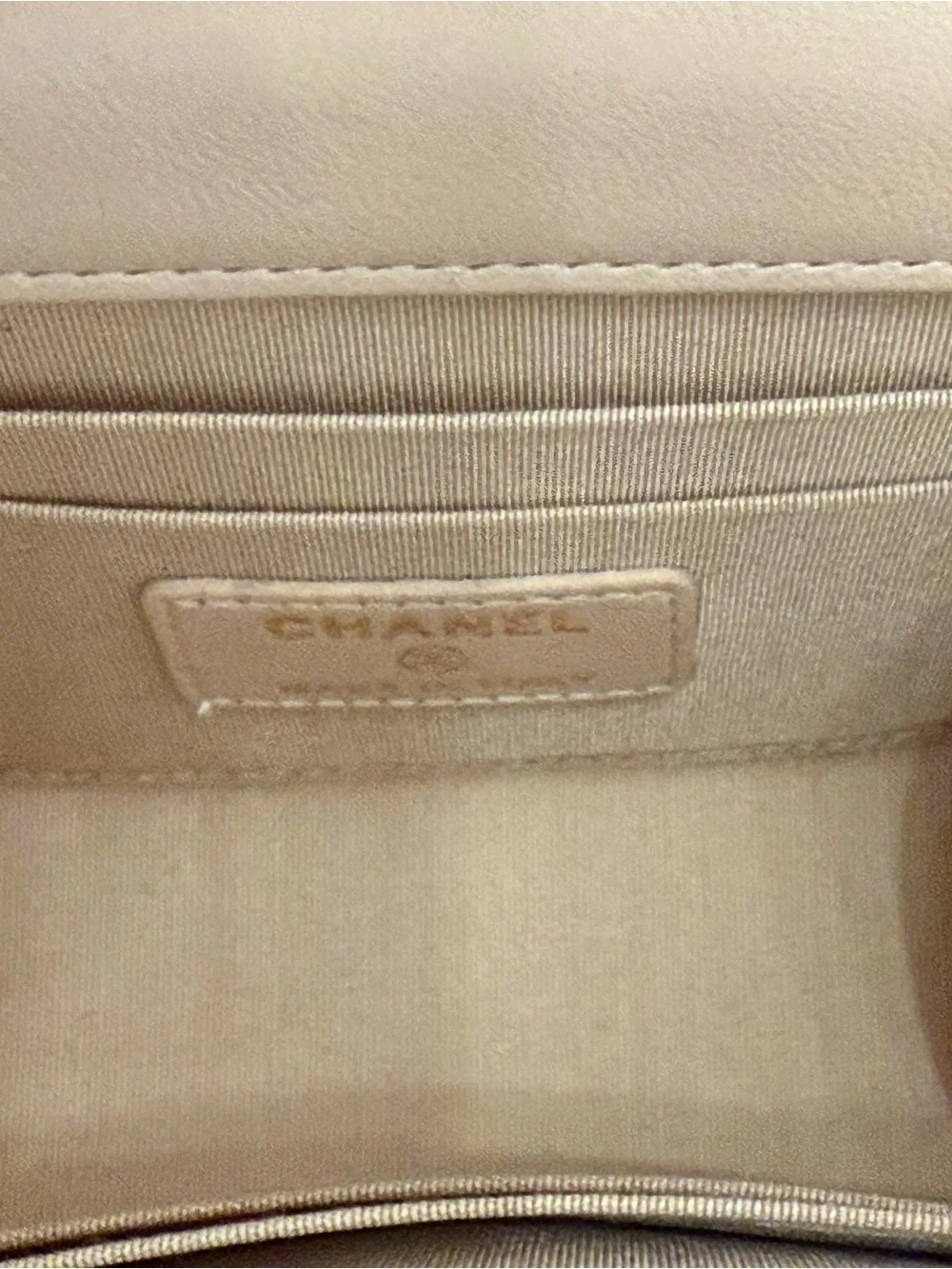 CHANEL Beige Quilted Lambskin Mini Chain Shoulder Bag with Gold CC